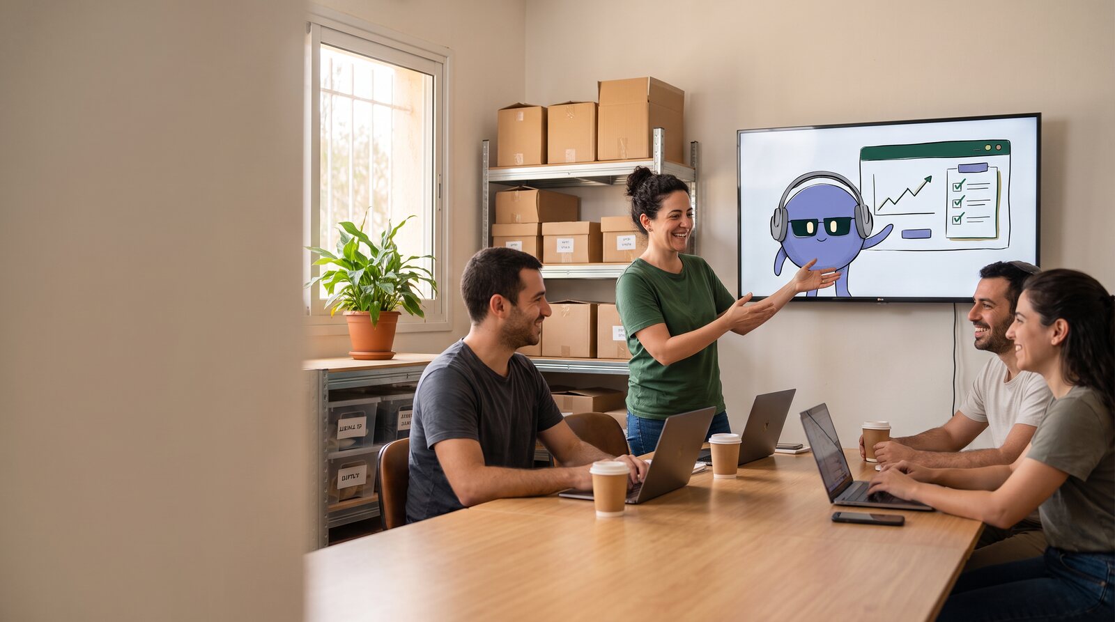 A morning team meeting: Dana points at the wall screen, where Oti presents a rising sales chart and a checklist, while colleagues smile around the table